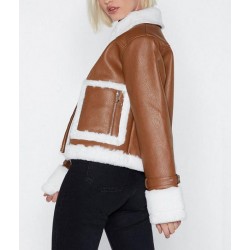 Womens Brown Cropped Aviator Leather Jacket